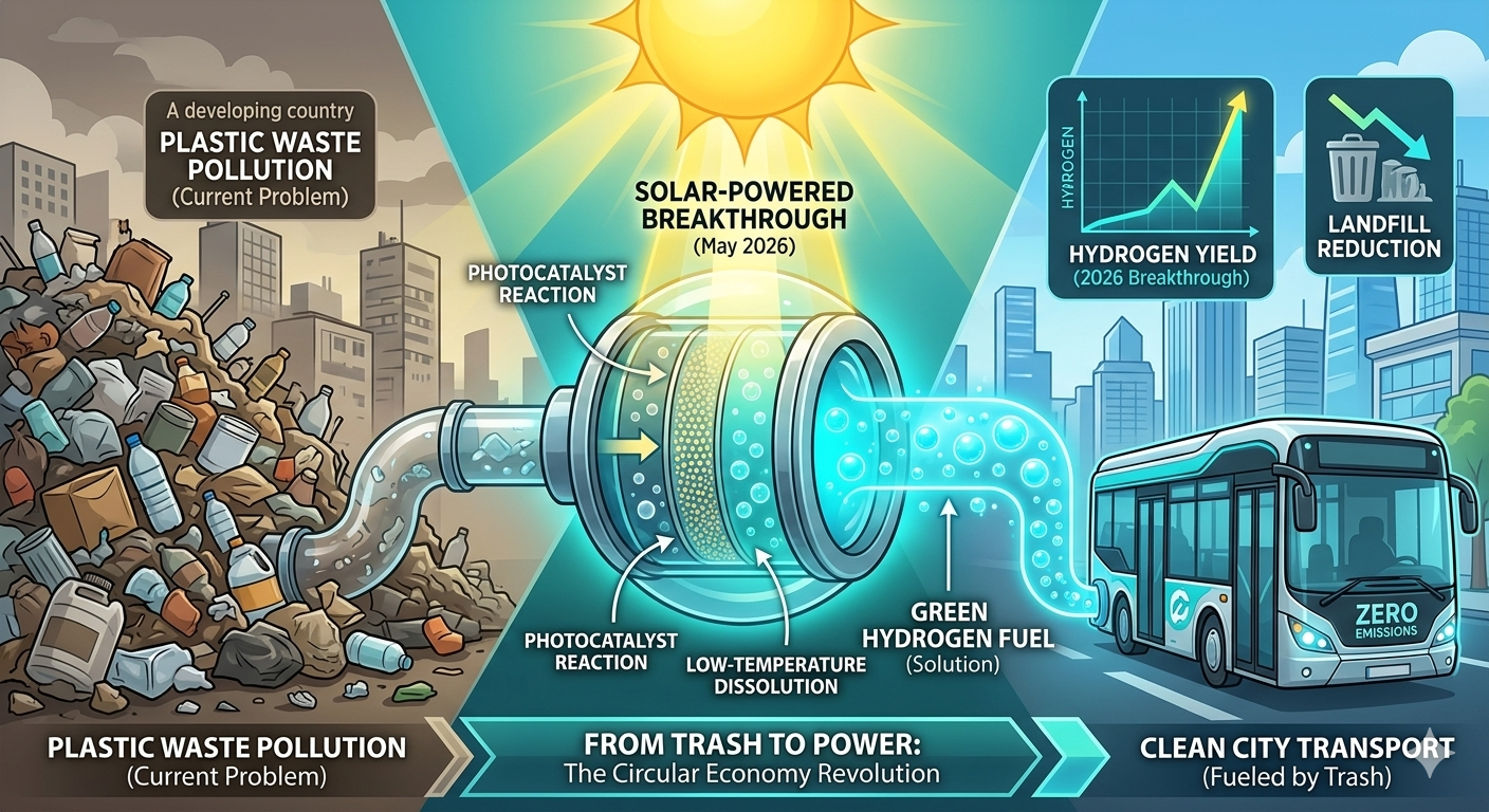 Infographic showing the 2026 solar-powered breakthrough of converting plastic waste into green hydrogen fuel, featuring a photocatalyst reaction chamber and a zero-emission city bus powered by trash."