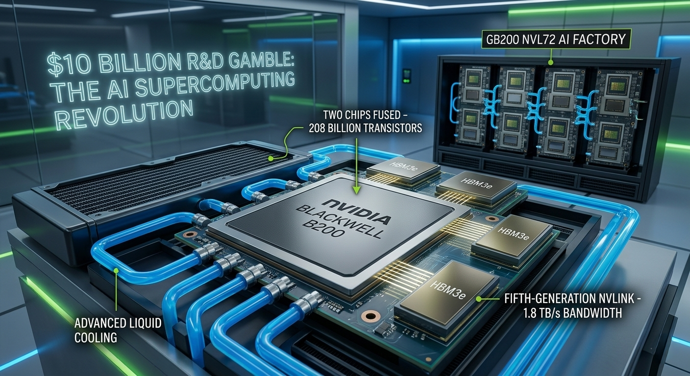 NVIDIA Blackwell B200 GPU architecture and GB200 NVL72 AI Factory racks with liquid cooling and NVLink technology.