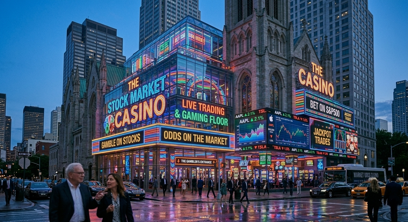 Warren Buffett 2026 market warning showing a stock market casino metaphor with neon signs and a traditional church building.