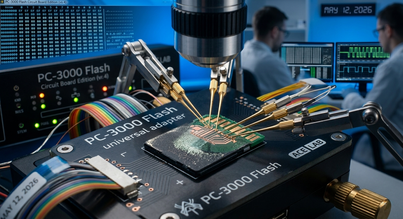 Professional data recovery setup using PC-3000 Spider Board with gold-tipped needles extracting data from a monolithic microSD card in 2026.