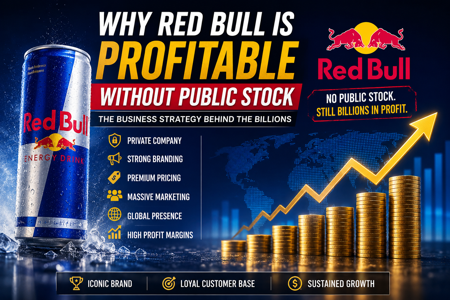 A business-themed Red Bull infographic showing how the company stays profitable without public stock, featuring a Red Bull can, rising profit graph, gold coins, and bold financial strategy headlines.