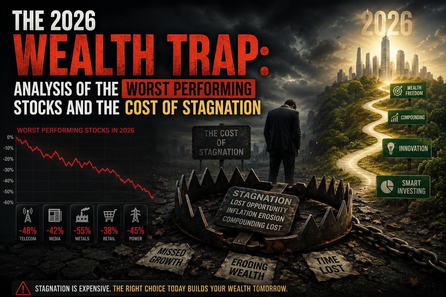 ​A dramatic financial chart showing the worst performing stocks 2026 and the massive wealth erosion in the energy and tech sectors due to market stagnation.