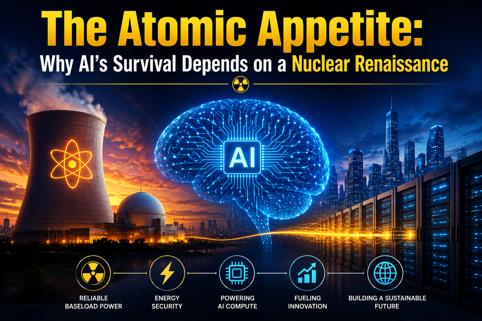 A futuristic cover image showing a glowing AI brain connected to a nuclear power plant and modern data servers, symbolizing how nuclear energy powers the future of artificial intelligence. The bold title “The Atomic Appetite: Why AI’s Survival Depends on a Nuclear Renaissance” appears at the top against a dramatic cityscape background.