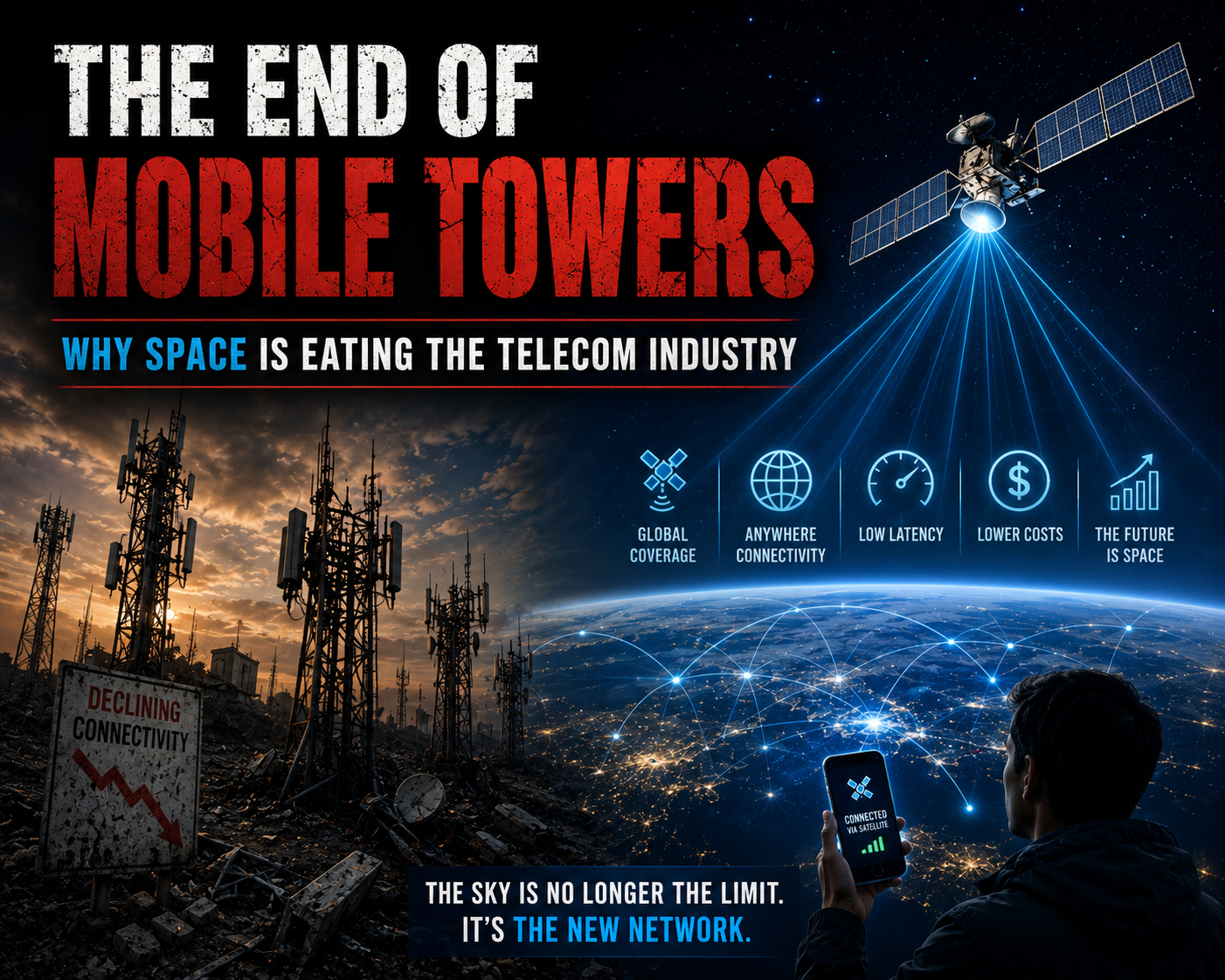 Low Earth orbit satellite array connecting to a standard smartphone device.