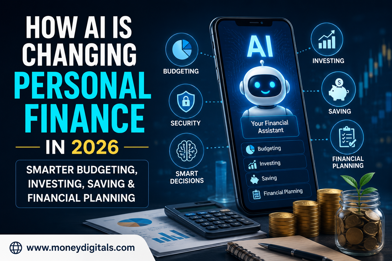 AI in Personal Finance 2026 budgeting investing saving money financial planning illustration